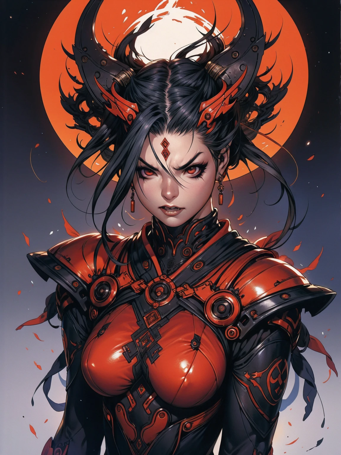 A fierce mutant level boss in a fantasy action game, sharp teeth and claws, long arms and huge hands with demon claws, skin black, Eyes red, demonic appearance, futuristic armor with torture elements, hooks and spikes intertwined throughout the body, spiky and uneven hair like in the manga, action pose, fury, speed, attacking the spectator, grotesque horror dinner, In the background, an inland city in Japan at night, Moon in starry sky