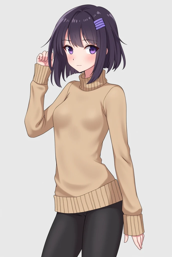 waist length dark purple hair and light purple eyes and wears a purple barrette on the right side of her head, positioned upon her right prominent strand of hair beside her bangs. She is 5'5",wearing a beige long sleeved turtleneck sweater with black leggings.