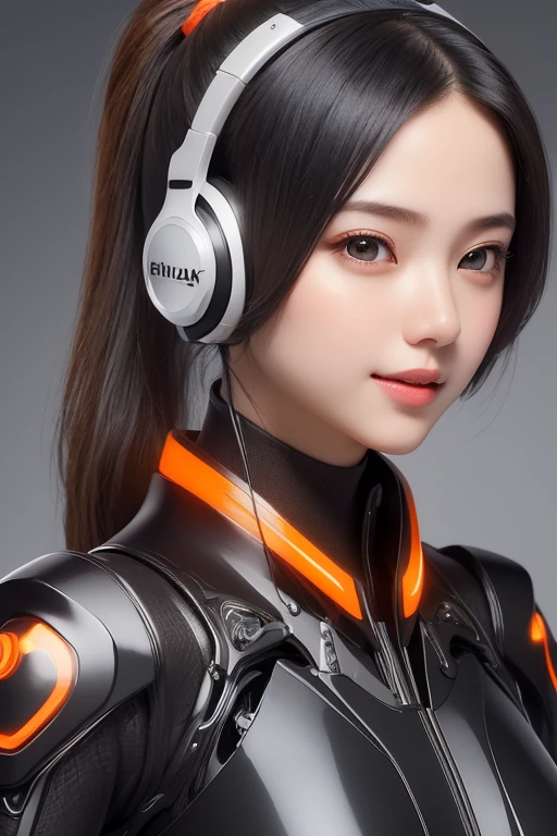 Top Quality, Masterpiece, Ultra High Resolution, (Photorealistic: 1.4), Raw Photo, 1 Girl, Black Hair, Glossy Skin, 1 Mechanical Girl, (((Ultra Realistic Details)), Portrait, Global Illumination, Shadows, Octane Rendering, 8K, Ultra Sharp, Intricate Ornaments Details, realistic skin, sweat effect, ((wearing Headphone)), very intricate detail, realistic light, CGSoation trend, brown eyes, glowing eyes, matte black and glossy orange mechanical bodysuit, Long hair, black hair, Ponytail hair, Half body shot, spaceship bridge background, dynamic pose, cute smile, close up, Open Mouth,