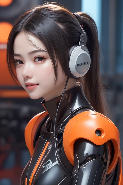 Top Quality, Masterpiece, Ultra High Resolution, (Photorealistic: 1.4), Raw Photo, 1 Girl, Black Hair, Glossy Skin, 1 Mechanical Girl, (((Ultra Realistic Details)), Portrait, Global Illumination, Shadows, Octane Rendering, 8K, Ultra Sharp, Intricate Ornaments Details, realistic skin, sweat effect, ((wearing Headphone)), very intricate detail, realistic light, CGSoation trend, brown eyes, glowing eyes, matte black and glossy orange mechanical bodysuit, Long hair, black hair, Ponytail hair, Half body shot, spaceship bridge background, dynamic pose, cute smile, close up, Open Mouth,