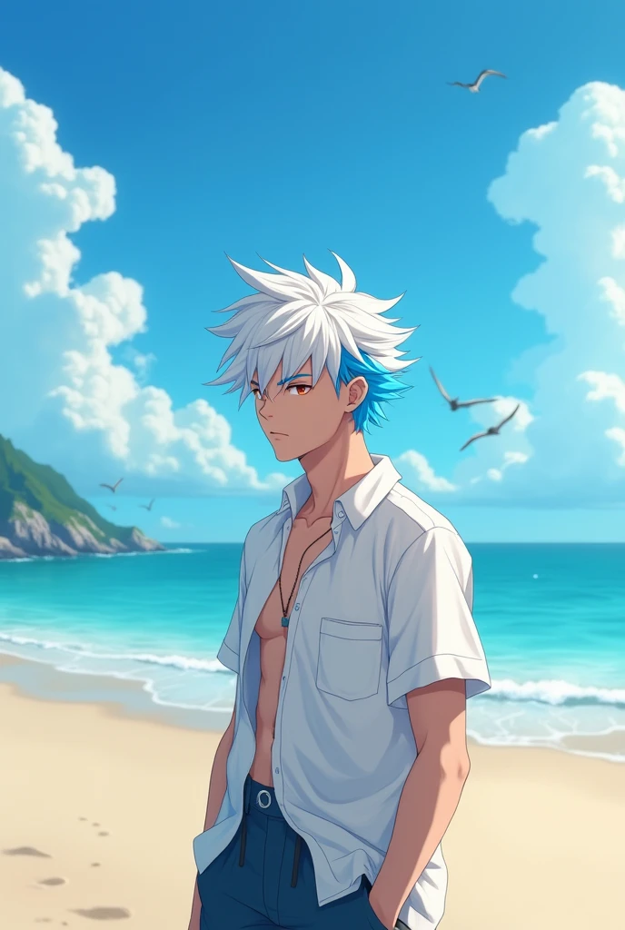 Young man with white hair and blue tips on the beach