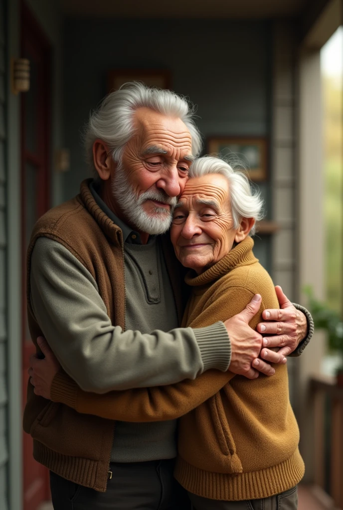 Old man hugging his old nephew 