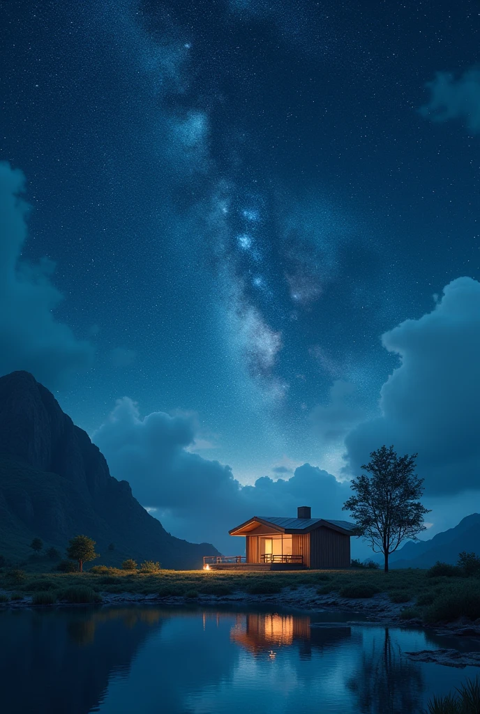 ((Home in another galaxy)) at night, several scattered trees, a lake in front,,
 starry sky