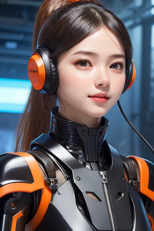 Top Quality, Masterpiece, Ultra High Resolution, (Photorealistic: 1.4), Raw Photo, 1 Girl, Black Hair, Glossy Skin, 1 Mechanical Girl, (((Ultra Realistic Details)), Portrait, Global Illumination, Shadows, Octane Rendering, 8K, Ultra Sharp, Intricate Ornaments Details, realistic skin, sweat effect, ((wearing Headphone)), very intricate detail, realistic light, CGSoation trend, brown eyes, glowing eyes, matte black and glossy orange mechanical bodysuit, Long hair, black hair, Ponytail hair, Half body shot, spaceship bridge background, dynamic pose, cute smile, close up, Open Mouth, facing audience