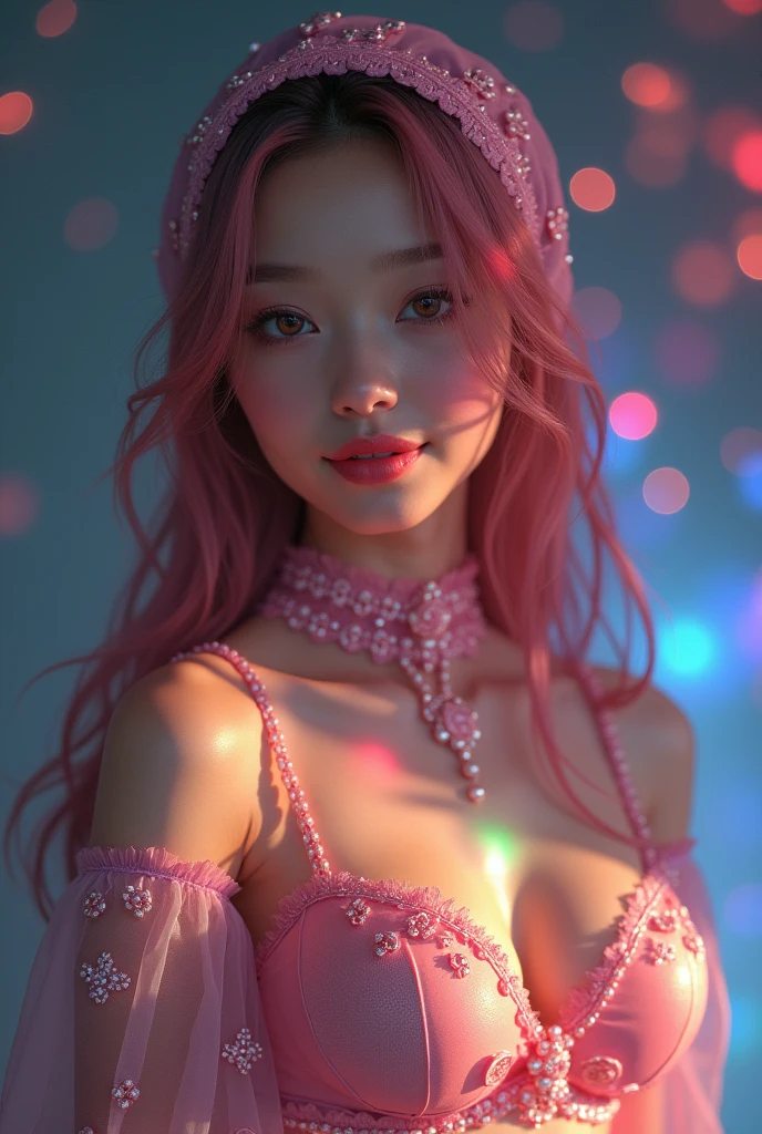nsfw,Highest Quality, Highest image quality, RAW Photos, Realistic, Photorealsitic, ultra detailed and beautiful, highest details, ung girls, good-looking, Beautiful fair skin and luster, Beautiful eyes are big and bright, Small mouth and thin lips, hijabi, Goodness of style and slenderneseautiful big breasts:1.3), She has a cheerful personality and a cute smile......, Natural makeup, Pearl Pin Cripantasy see-through costume with cute details and wide breasts:1.5), Cute s, beautiful girl illuminated by seven colors of light, Irridescent color,