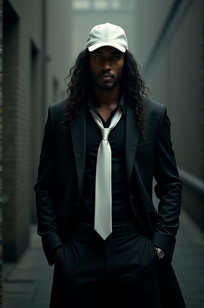 Dark-skinned man with very long hair, black tuxedo, black t-shirt, white tie and white baseball cap 