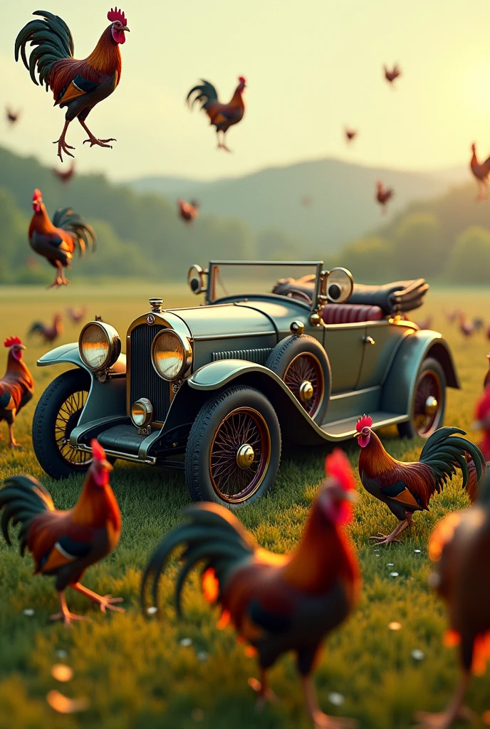 Car and roosters