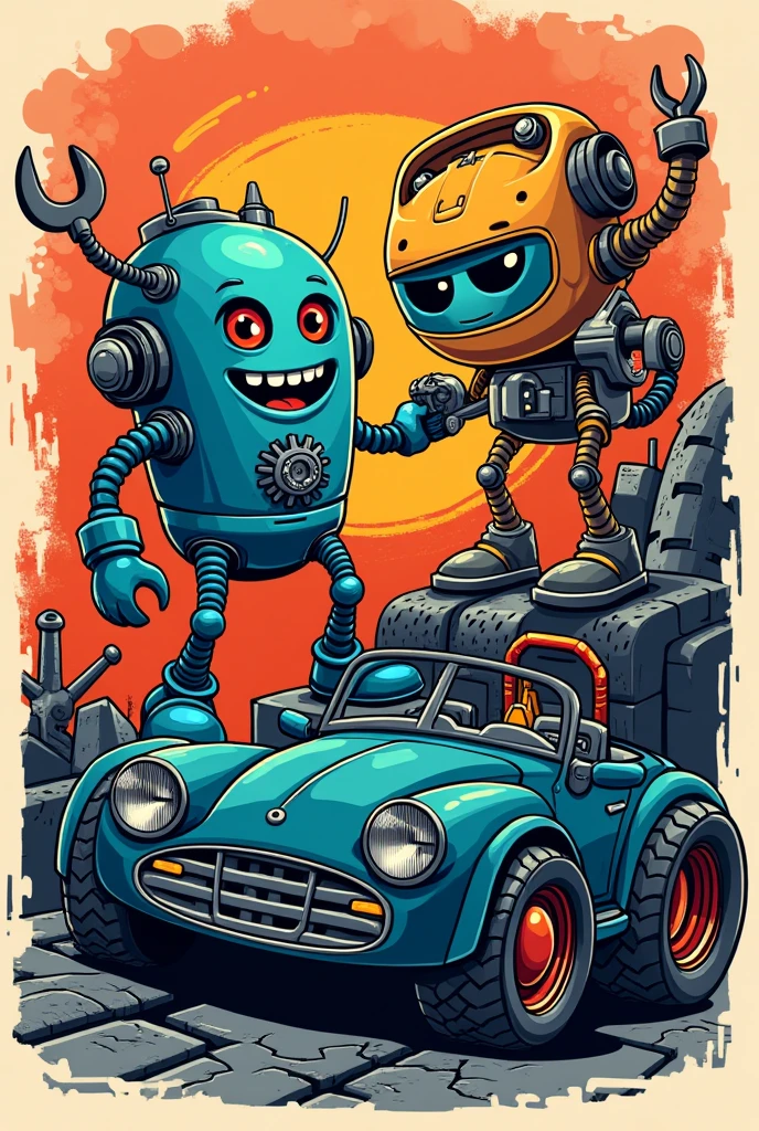 Create t-shirt prints for a collection about the mechanics course in the oversize cartoon style