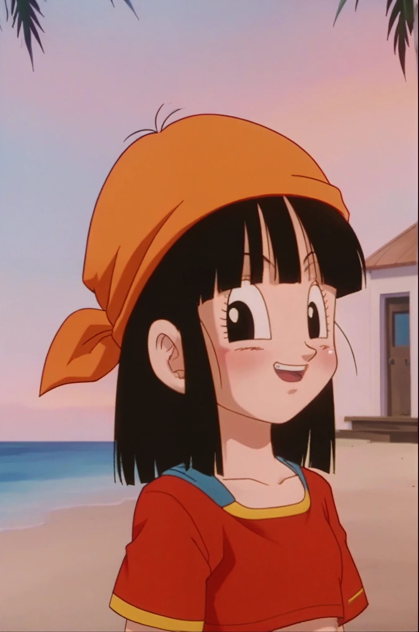 source_anime, score_9, score_8_up, score_7_up, anime screencap,
pangt, 1girl, smile, bangs, happy, blushing, grass, black hair, sunset, Watching the sunset, beach in open sea sunset, sun, collarbone, whole body, teeth, blunt bangs, outdoors, black eyes, eyelashes, upper teeth only, red crop top, bandana, retro artstyle, , 1990s \(style\), orange headwear, medium ass, breasts