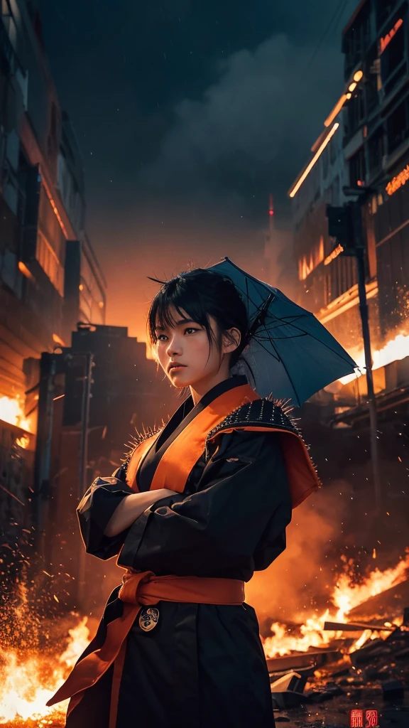 The person in the picture has black spiky hair，Strong body，Standing against a backdrop of a turbulent sky filled with rain and fiery explosions。Characters dressed in traditional Japanese clothing，Wearing a blue belt，There is a striking Asian word on the back of the clothes（（realize））Round logo。The overall tone is dark and full of mood，The red and orange colors of the explosion contrast sharply with the dark outlines of the figures and the night sky.。