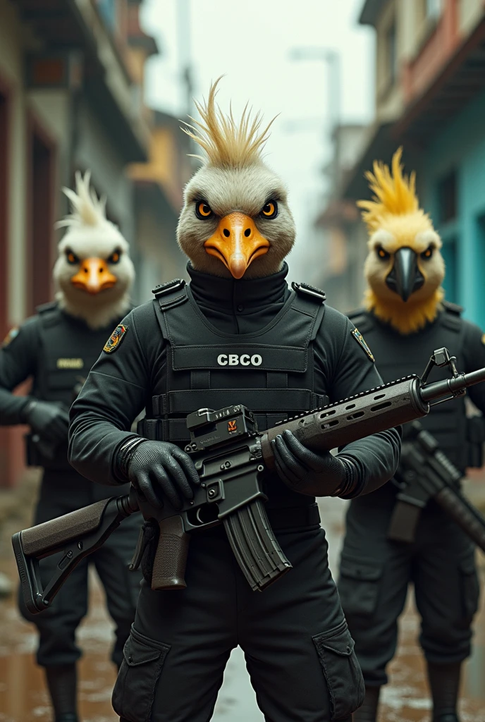 Draw a goose with an angry face, wearing a black uniform and bulletproof vest and holding a 7-gauge rifle.62, the character Rambo is very thin and has spiky hair, wearing bulletproof vests and black clothing holding a 7 rifle.62, a bald parrot with an angry face wearing black clothes, a rifle 5.56, black clothing and bulletproof vest and a Brazilian army soldier with a paintbrush in one hand and a rifle in the other hand in a favela in Rio de Janeiro