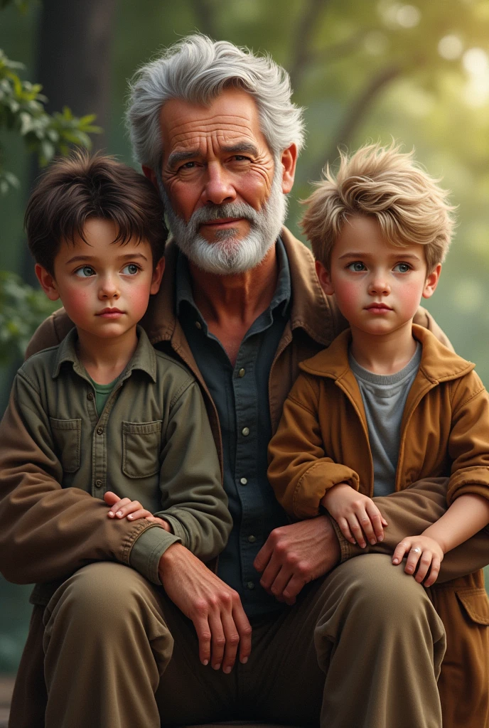 father and his two sons boy and brunette hair very realistic