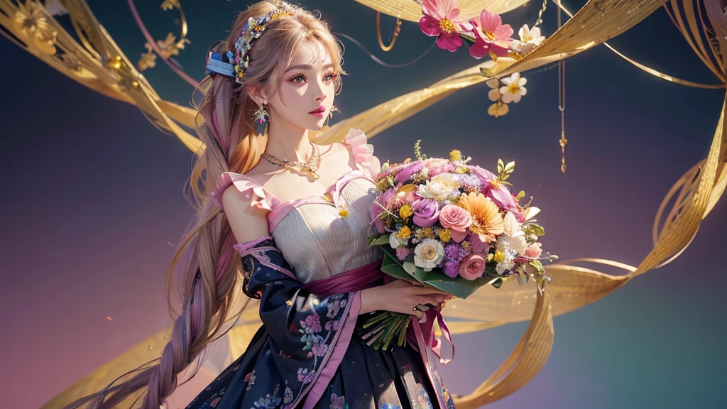 32K, 最高quality, 最高masterpiece, (ultra-Detailed Background, Detailed Background), High resolution, Super detailed, Very detailedな, One girl, (bouquet:1.3), (Tangled:1.2), (Geometric:1.2),(colorful),(masterpiece, quality, best quality, Official Art, Beautiful and beautiful:1.2), (1 girl:1.3), Very detailed,(colorful:1.1)(Flowers:1.3),Most detailed,(Tangled:1.2), whole body, (Abstract background:1.3), (Skin glows), (Many colors:1.4), ,(Earrings Jewelry:1.5), Pink Background,