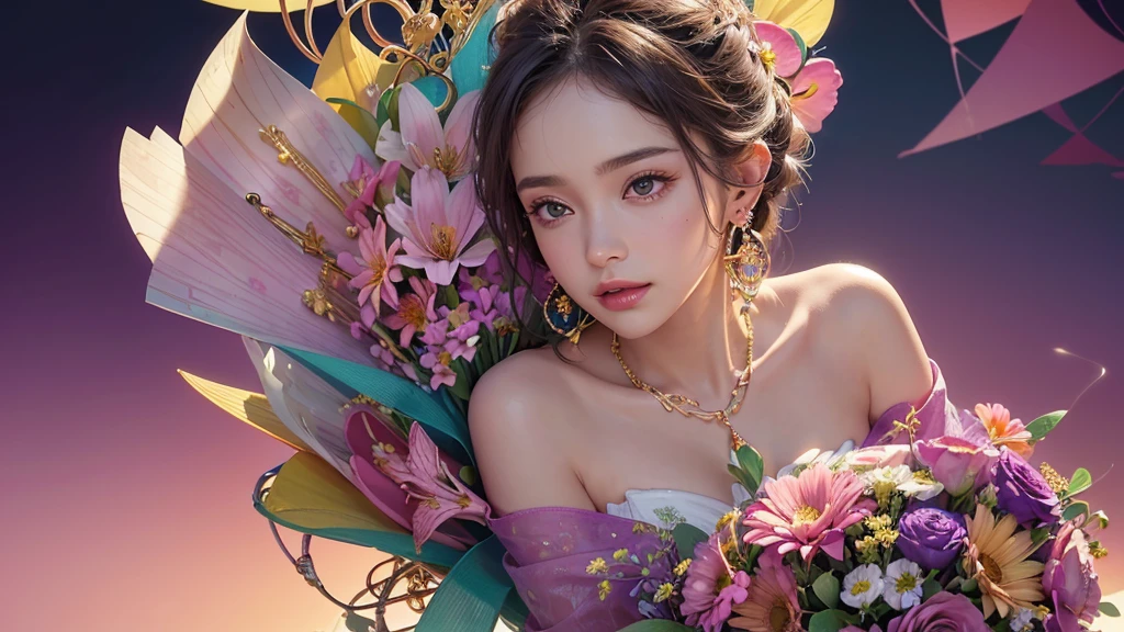 32K, 最高quality, 最高masterpiece, (ultra-Detailed Background, Detailed Background), High resolution, Super detailed, Very detailedな, One girl, (bouquet:1.3), (Tangled:1.2), (Geometric:1.2),(colorful),(masterpiece, quality, best quality, Official Art, Beautiful and beautiful:1.2), (1 girl:1.3), Very detailed,(colorful:1.1)(Flowers:1.3),Most detailed,(Tangled:1.2), whole body, (Abstract background:1.3), (Skin glows), (Many colors:1.4), ,(Earrings Jewelry:1.5), Pink Background,