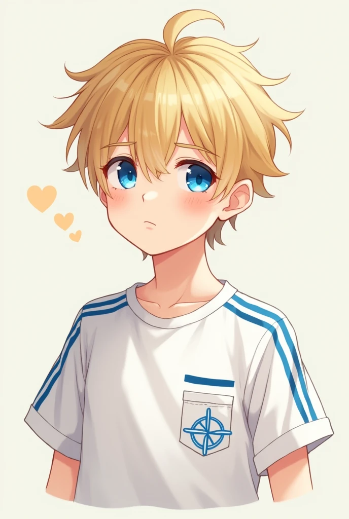 boy、Finn、Fair skin、Blonde、Golden eyebrows and eyelashes、blue eyes、Embarrassed、short hair、cute、NSFW1.9、Anime Style、White clothes、Blue lines on the shoulders of clothes、Pocket at left chest、Blue crosshairs on pocket