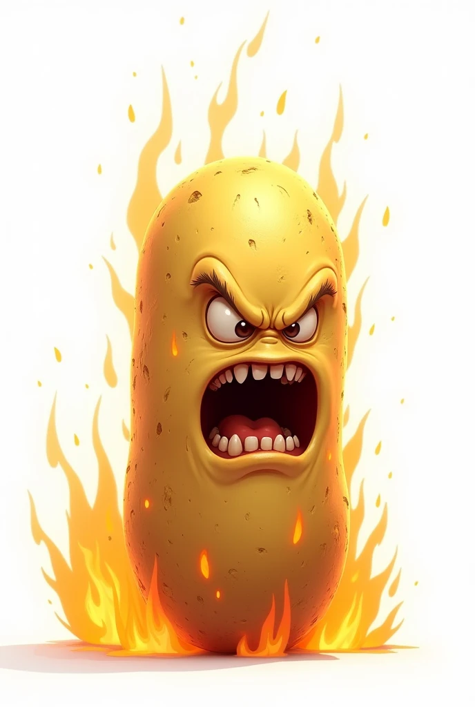 An angry animated thin rectangular potato, with fire and a white background.