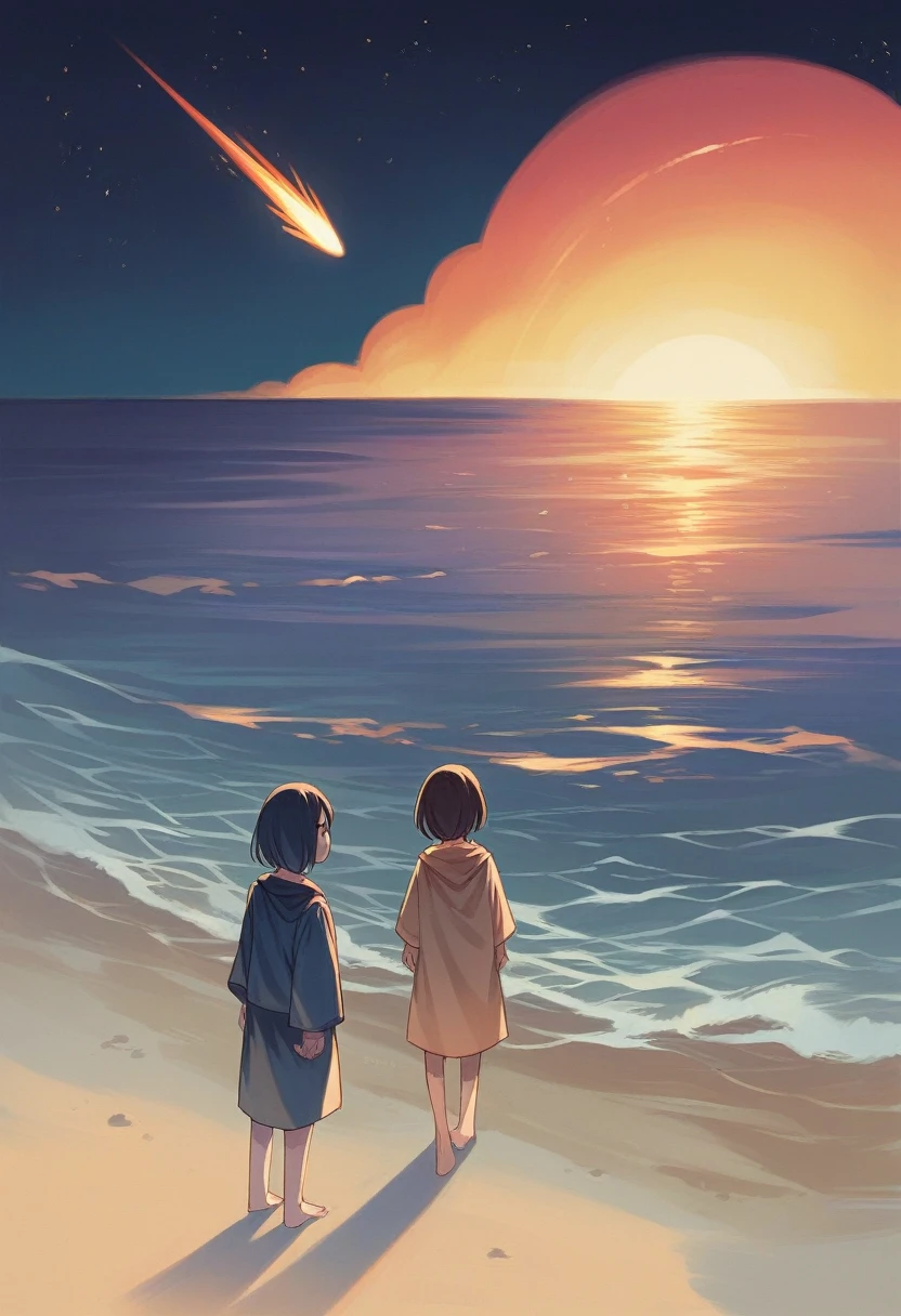 ((masterpiece, highest quality)), at night, thin clothes, girl, put one foot in the sea water with only toes, girl standing, girl sideways, girl between the horizon and the sea, looking from the side, ripples spread from the toes, the scene is about 20 meters away, above the sea, at night, the whole scene shines, there is a meteor shower