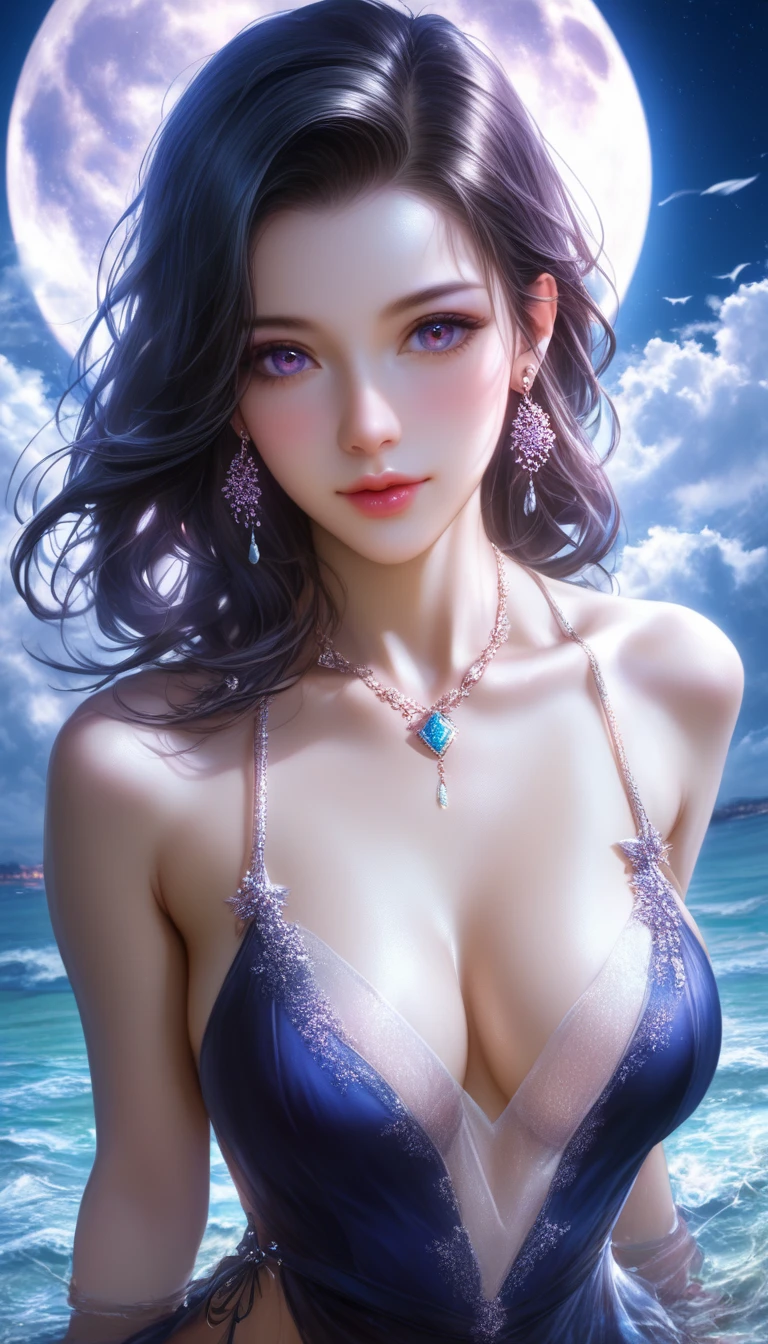 score_9, score_8_superior, score_7_superior, A masterpiece in 32K resolution,Highest quality,it is really amazing,Very detailed,Ultra-high resolution,Ultra-realistic,Realistic,Increased depth of field,Cinematic lighting,
Sexy Japanese Adult Women,
black straight medium hair,Ultra-detailed and beautiful face,Gentle expression,Translucent white skin,Realistic skin texture,
Elegant swimwear,
Bold design,Artistic design,Beautiful and detailed pattern,Detailed fabric texture,
Gorgeous necklace,Earrings,
Coastline at night,Giant Moon,Dark clouds floating in the dark night sky,
High angle,