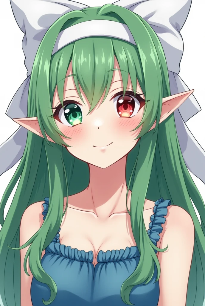 teenager, anime style, Jujutsu Kaisen, White skin, pale, super long green hair, fringe, Elf's ears, happy, white headband, scar right eye, right eye red, green left eye, Blue dress, big white bow behind the head