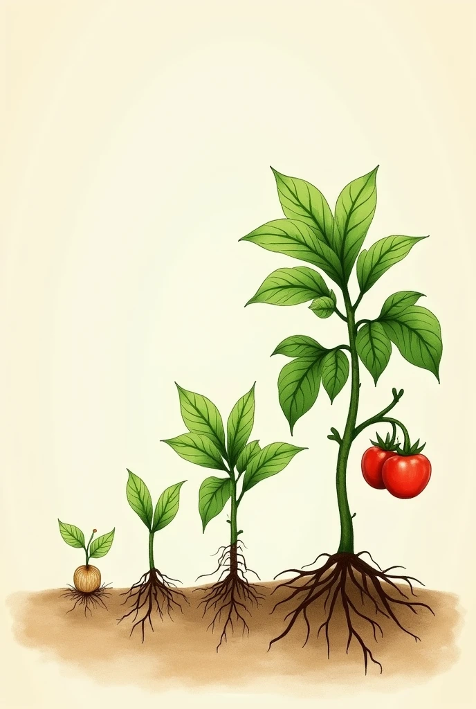 Create the development and growth of the plant Under the following description Here you have a detailed description of each of the six phases of plant development, that you can use to create the tables in your presentation:
1. **Germination**:
- **Description**: It shows a seed under the ground with a small root beginning to emerge.. Maybe you can show the seed cracking and a little seedling peeking out., heading towards the surface.
- **colors**: Brown earth, the seed in a light brown or beige tone, and a white root.
2. **plant growth**:
- **Description**: A small green sprout emerging from the ground. You can see two small, green leaves beginning to develop..
- **colors**: Bright green for the leaves and brown for the soil.
3. **Vegetative development**:
- **Description**: The plant has grown taller and has several green leaves.. A stronger stem and well-developed leaves are noticeable..
- **colors**: Dark green stem and green leaves.
4. **bloom**:
- **Description**: The plant has colorful, open flowers.. The leaves are fully developed and the plant looks at its most attractive..
- **colors**: Green for the leaves and stem, with bright colors for the flowers, like yellow, red, the pink.
5. **Fructification**:
- **Description**: The plant now has fruits that are growing from the flowers.. The fruits must be visible and developing..
- **colors**: Green for the leaves and stem, and colors that represent the fruits, como red para tomates o naranjas.
6. **Maturity**:
- **Description**: The fruits are fully developed and ready to be harvested.. The plant may look a little more robust.
- **colors**: colors intensos para los frutos maduros y el verde intenso para las hojas.
But let them be 5 drawings
