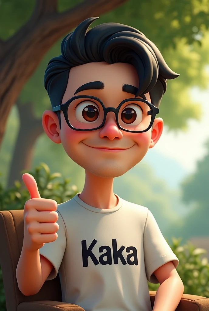 4d caricature.
a 31 year old man. fair skin. slanted eyes. oval face. side parted black hair. wearing glasses. sitting on a chair under the tree. thumbs up. T-shirt with Kaka written on it on the chest. realistic