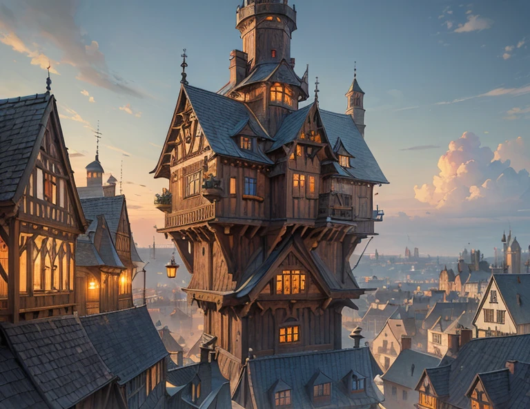 european medieval robust and complicated communal wooden house with a turret, low fantasy, crowded architecture, fiixed detailes, fixed windows, fixed roofs, fixed architecture, wooden architecture, wooden tower, medieval fantasy, in the city full of jettying houses, warm, matching perspective, matching architecture