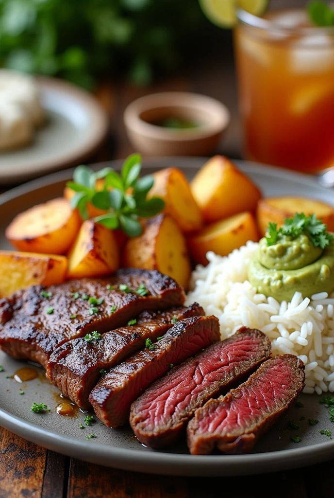 Grilled flank steak with salted potatoes, rice, guacamole and drink