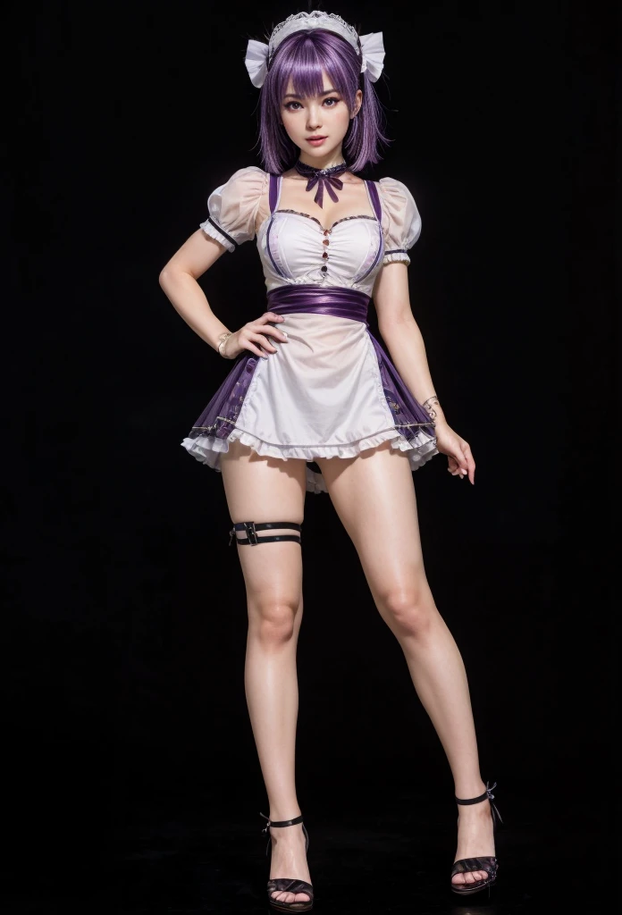 Ayane, purple hair, red eyes, (best quality, ultra-detailed), (realistic:1.37), beautiful and detailed face, ultra-realistic texture, delicate face, delicate body, red lipstick, long-lasting colors. high definition, 8K. expression with a sexy look