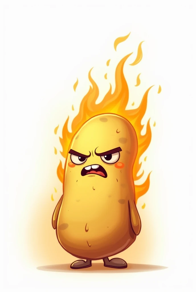 A slightly angry, animated, thin rectangular potato, with fire and a white background.