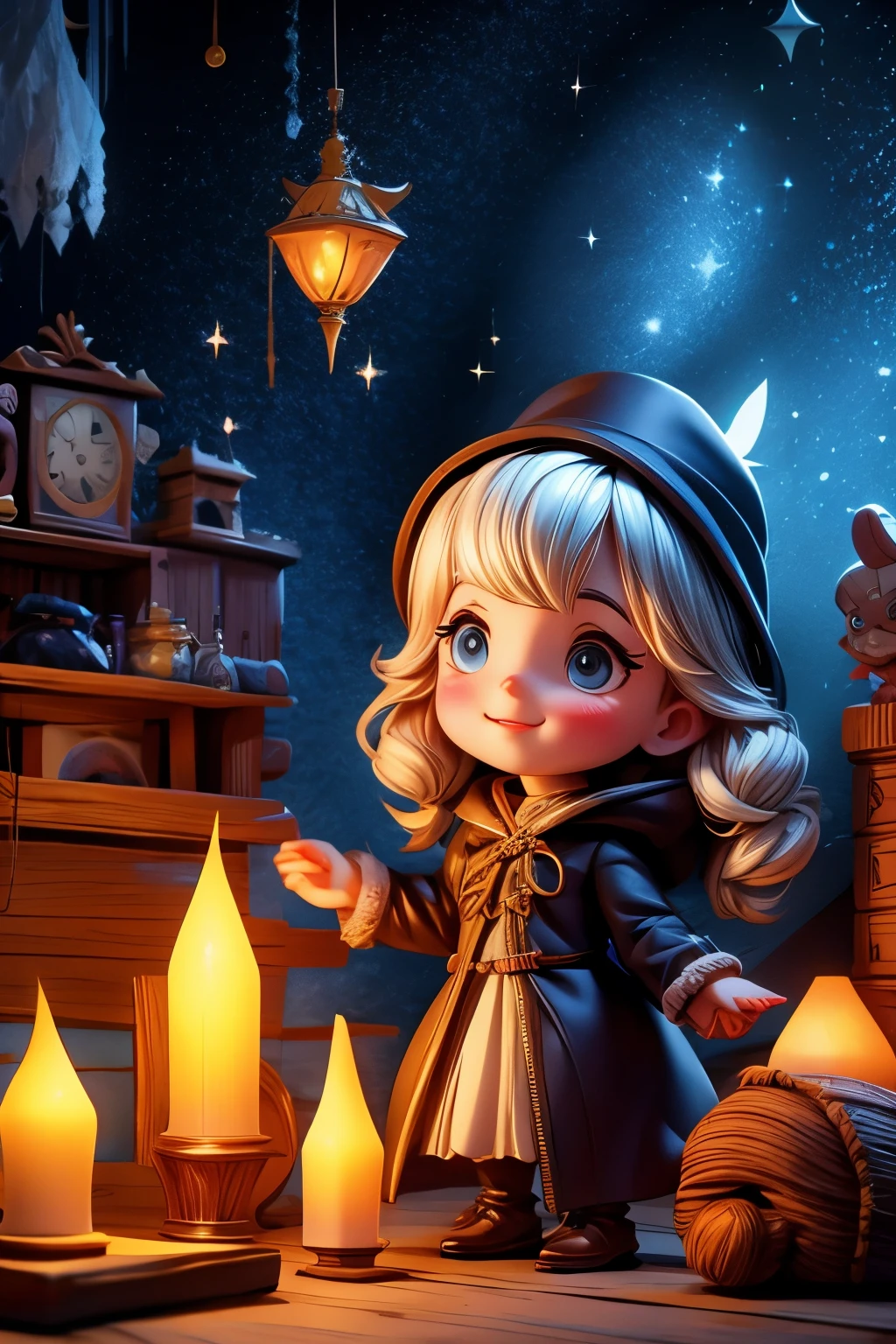 village realisticlying、a little witch make a spell fireworks、City of victorian age at night, Europe. aristocrat girl、Looking up from below