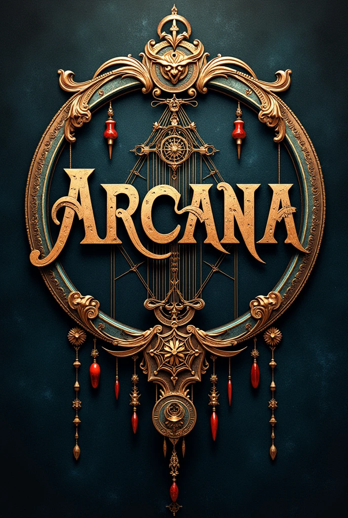 Imagine a mystical design featuring the word ARCANA in bold, ornate letters with intricate details and subtle mystical symbols