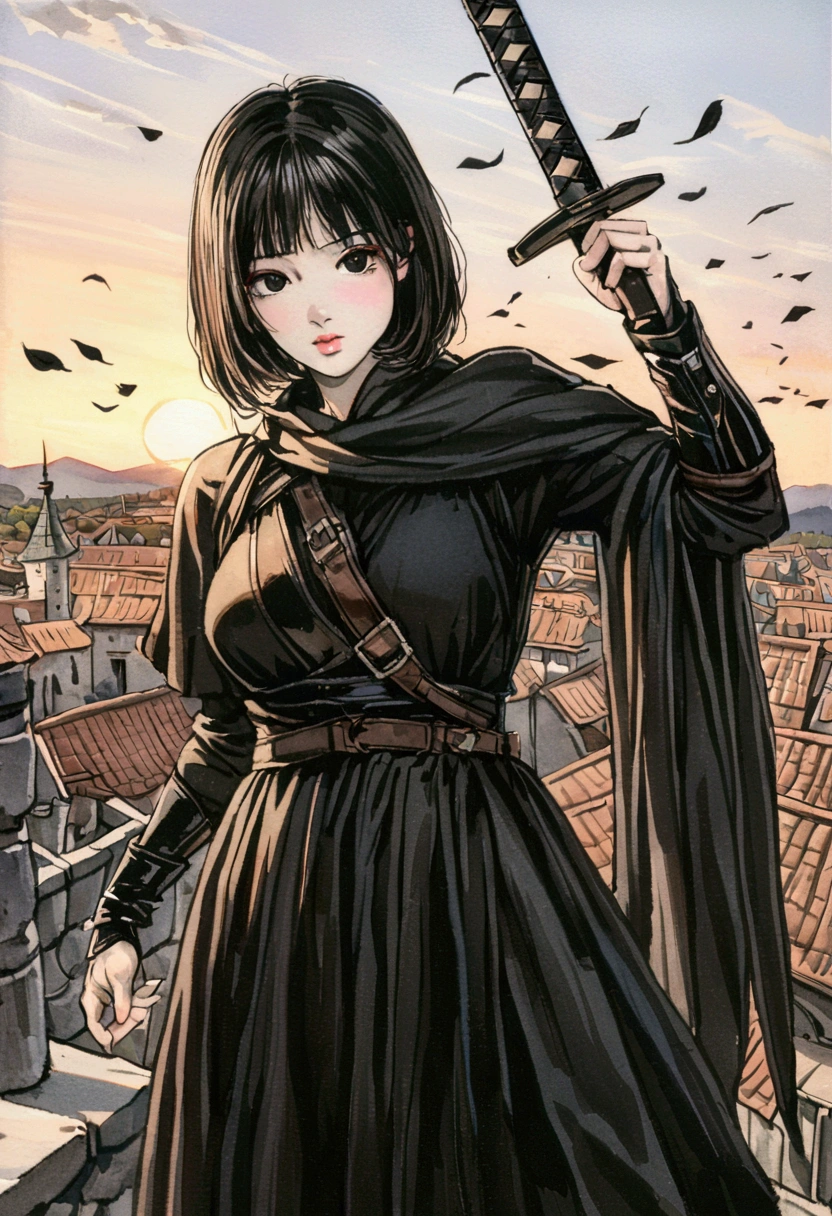 1 warrior girl, expressive black eyes, black short hair, dressed with a black drape, using his massive two hand sword ,fighting pose ,black petals fall from the sky in big medieval city in sunset in background, detail richness, masterpiece, best quality, realistic renderi