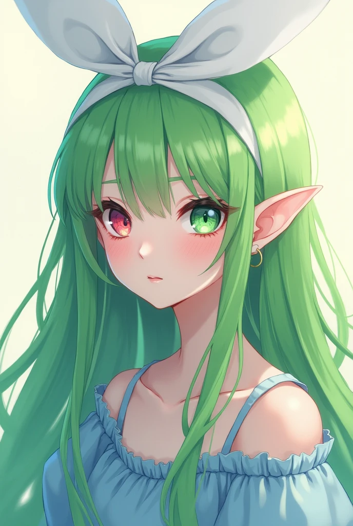 teenager, anime style, White skin, pale, super long green hair, fringe, Elf&#39;s ears, happy, white headband, scar right eye, left eye red, green right eye, Blue dress, big white bow behind the head