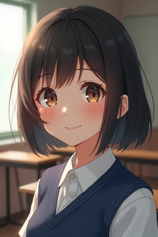 best quality, face focus, soft light, ultra high res, (photorealistic:1.4), RAW photo, 1japanese girl, solo, cute, (shy smile:0.5), (brown eyes, lights in the eyes), detailed beautiful face, (small chest),(high resolution detail of human skin texture), (short bob hair), BREAK, in classroom,navy school uniform, vest, skirt