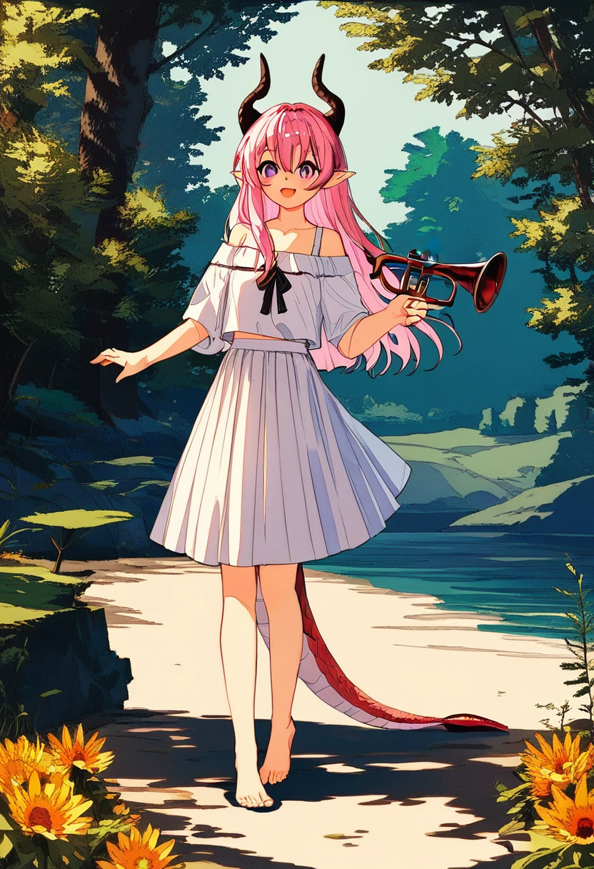 (Fraction_9,Fraction_8_up,Fraction_7_up),1 girl,Tail,Solitary,wing,trumpet,skirt,Pink Hair,barefoot,white skirt,dragon Tail,Purple Eyes,Long hair,Pointed ears,outdoor,Looking at the audience,dragon girl,whole body,permanent,Bare shoulders,Tree,dragon trumpet,Off-shoulder,Hair between the eyes,Bangs,nature,water,dragon wing,Open your mouth,sky,off-shoulder skirt,blush,forest,Smile,