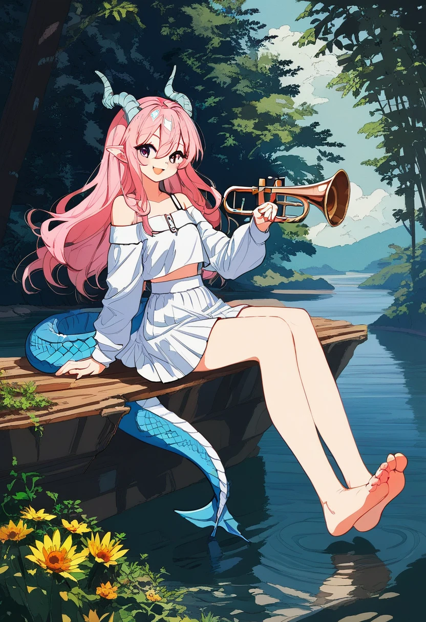 (Fraction_9,Fraction_8_up,Fraction_7_up),1 girl,Tail,Solitary,wing,trumpet,skirt,Pink Hair,barefoot,white skirt,dragon Tail,Purple Eyes,Long hair,Pointed ears,outdoor,Looking at the audience,dragon girl,whole body,permanent,Bare shoulders,Tree,dragon trumpet,Off-shoulder,Hair between the eyes,Bangs,nature,water,dragon wing,Open your mouth,sky,off-shoulder skirt,blush,forest,Smile,