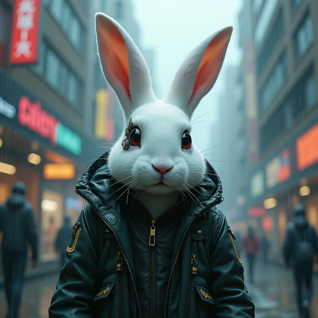 An adult white rabbit stands in a cyberpunk city, in the rain. He's wearing a cyberpunk style jacket. The rabbit has an augmentation on his right eye and a lot of scars.