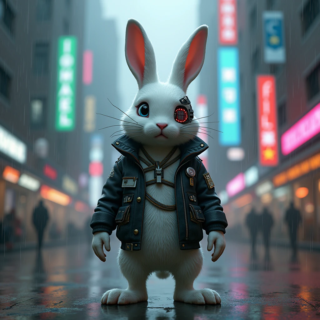 An adult white rabbit stands in a cyberpunk city, in the rain. He's wearing a cyberpunk style jacket. The rabbit has an augmentation on his right eye and a lot of scars.
