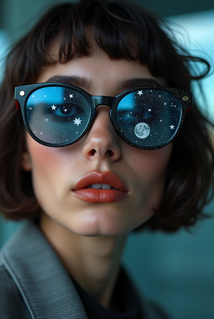 The model is wearing glass sunglasses with stars and the moon on the glass
