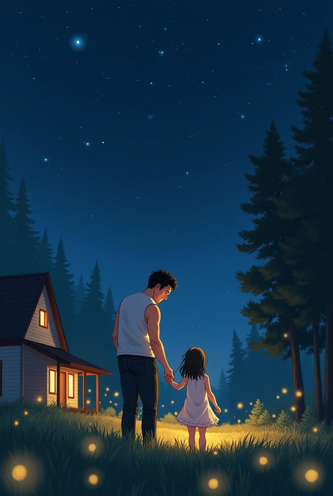 Masterpiece Level, Amazing style, The deep love between father and daughter, High altitude shooting, The house is on the left side of the picture, Background is night, Dark Blue, Starry Sky, Very flexible and creative, Father wearing white vest and black pants smiling, Holding hands with little girl, This little girl has beautiful black hair, Grass and fireflies cover the bottom of the picture, The tall pine trees on the right form a forest.