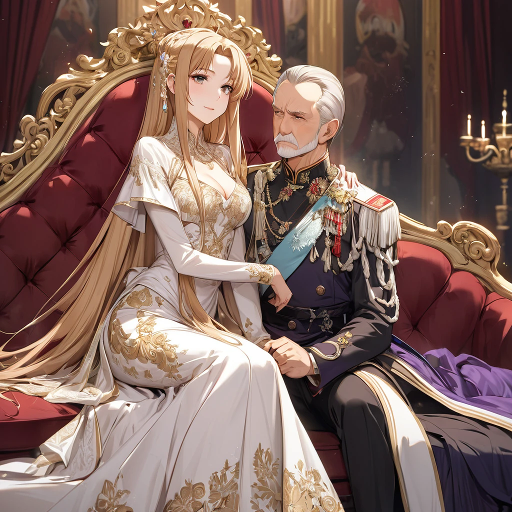 ((Highest quality)), ((masterpiece)), (detailed), （Perfect Face）、The woman is Yuuki Asuna, a Russian with light brown, medium-long hair, an elegant, graceful and beautiful Russian noblewoman, and the Empress of the Great Russian Empire.、The woman is beautifully dressed in the gorgeous and glittering gold-colored Russian court dress of an ancient Russian empress, with gorgeous accessories, and a beautiful and luxurious kokoshnik.、The woman is standing next to a great and dignified old Russian emperor.、The woman sits cozy with the great Russian emperor on a luxurious sofa in the palace.、The woman is sitting on a luxurious sofa in the palace hugging and kissing the great old Russian emperor.