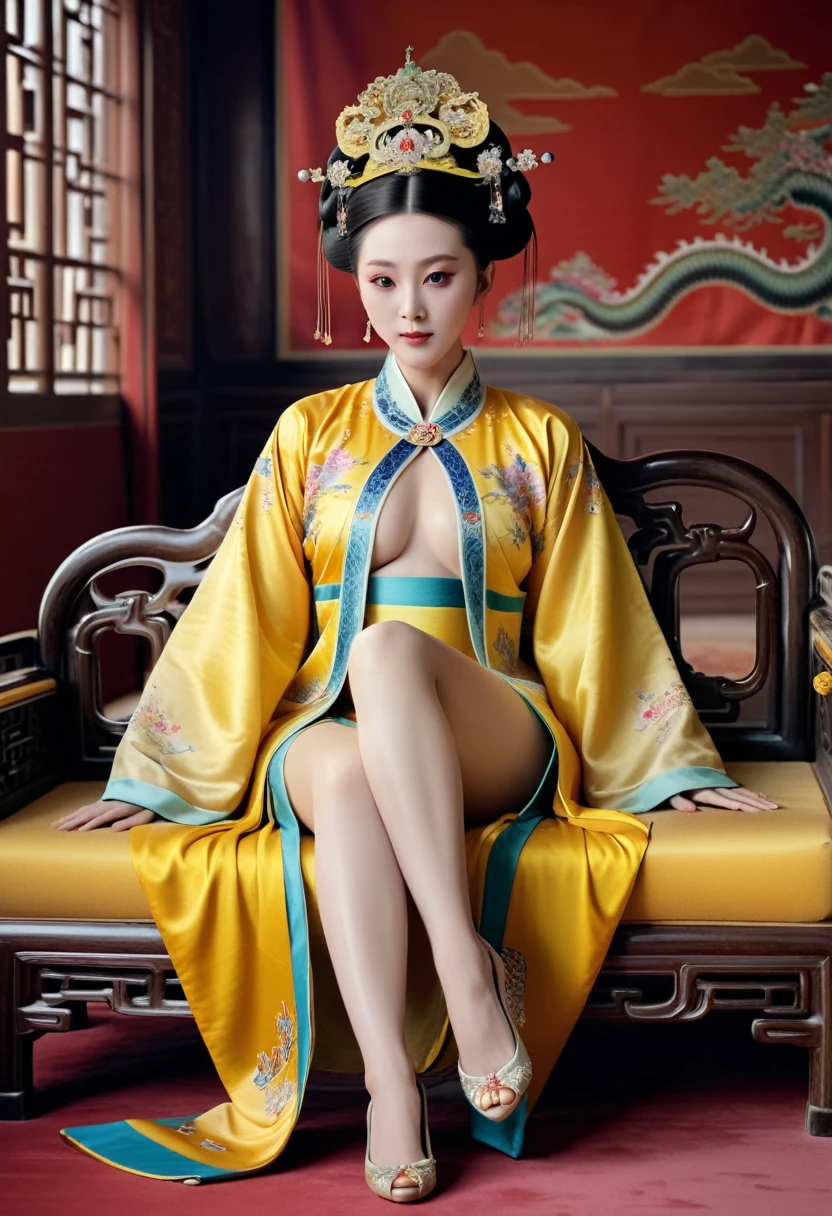 A gorgeous empress from the Chinese imperial court during the Qing Dynasty. A large yellow sofa with the empress naked and with her legs spread. A gorgeous empress from the Chinese imperial court with her hair tied on both sides. She is wearing a crown.、The background where she is tying her hair is、A luxurious palace for an empress in the Chinese imperial court during the Qing Dynasty