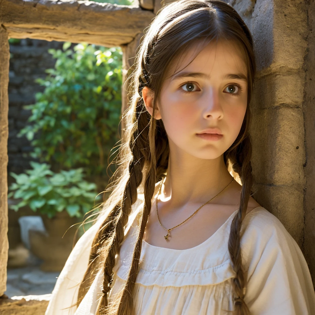 raise a girl in medieval times, cabelos brancos e liso, Pale skin, delicada e com olhos claros. Her face is beautiful and she has a simple shell necklace around her neck.. she is at the window, pensativa e distante
