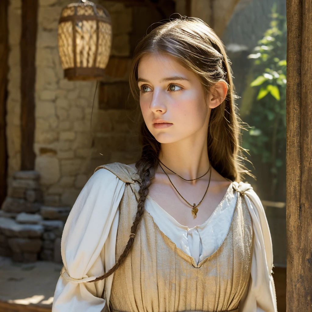 raise a girl in medieval times, cabelos brancos e liso, Pale skin, delicada e com olhos claros. Her face is beautiful and she has a simple shell necklace around her neck.. she is at the window, pensativa e distante