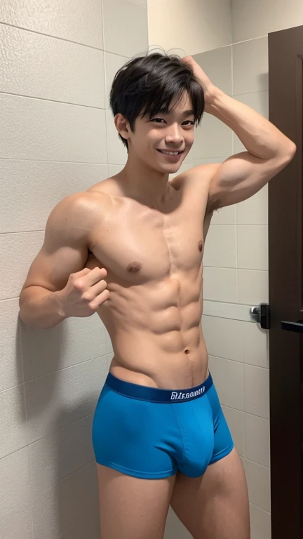 Japanese high school boy、、Well-developed muscles and smooth skin、ツンツンと尖ったburst豪のような淡い金髪、Relaxed and friendly smile、Boxer briefs、The whole body is visible from toes to head、Fist pump in the bathroom、burst