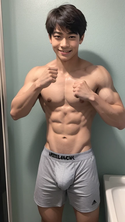 Japanese high school boy、、Well-developed muscles and smooth skin、ツンツンと尖ったburst豪のような淡い金髪、Relaxed and friendly smile、Boxer briefs、The whole body is visible from toes to head、Fist pump in the bathroom、burst