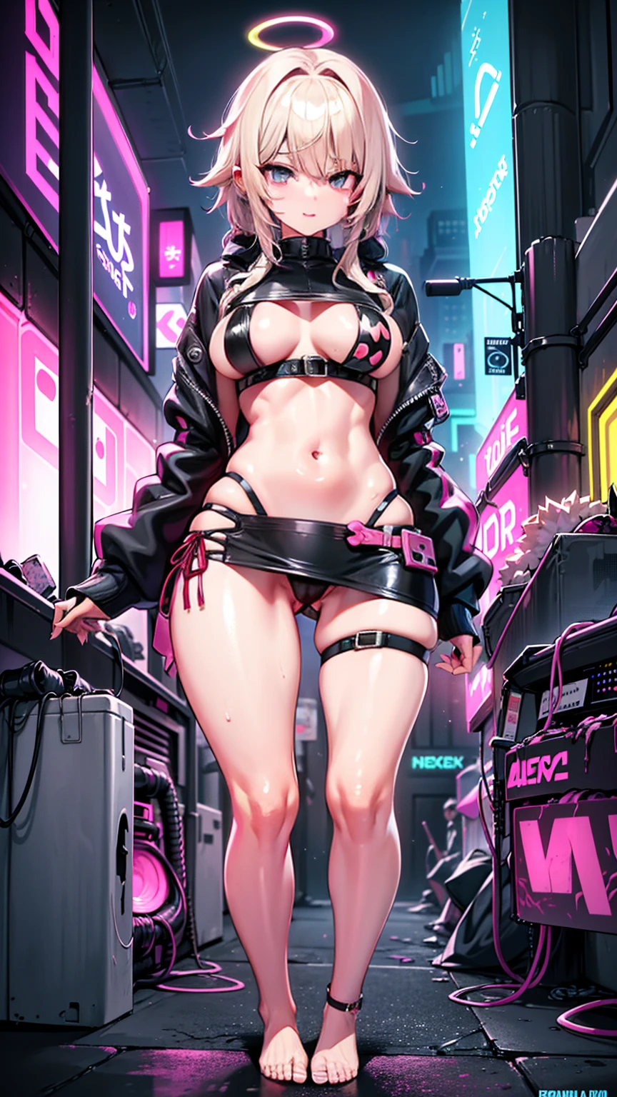 Big perfect breasts ((Space Punk Girl)),(((1 girl))),((beautiful Girl)), ((Saggy breasts)), ((Gray Hair, Dirty black hair, Inner hair color)), Long Hair , ((intricately cut hair)), (((Neon pink eyes: 1.4))), beautiful detailed eyes, Very sexy body, ((((Short sweatshirt, Short sweatshirt, Complex sweatshirts)) )) Flowing Cyberpunk Skirt, Revealing clothing, Show some skin, ((((Underbust)))),((Cleavage))(((Cyberpunk Clothing, Complex clothing, Complex clothing))) (((Light Skin: 1, 5, Sunburned skin, Glowing Skin) )), ((Firm Abdomen)), Wide Hips, Moving objects, Sexy Legs, Detailed body, ((Detailed face)), (Graffiti on clothes), (Half naked, dress up a little, barefoot) ((Sexy pose)), alone, Embarrassing, High resolution, Sharp focus, (Very detailedな, Very detailed), (Perfect art) (Very detailed), (((Bright colors))), (Background Complex), (Tabletop), (Highest quality), Synthwave Neon Colors, (((beautiful, Conclusion, attractive, erotic))), (((Browsing Caution))), Cyberpunk seaside town at night, Puddle with bright and dark storm clouds and neon sign, scenery: 1 , 30,ハイヒール、(ラブホテルのベッド:1.8)