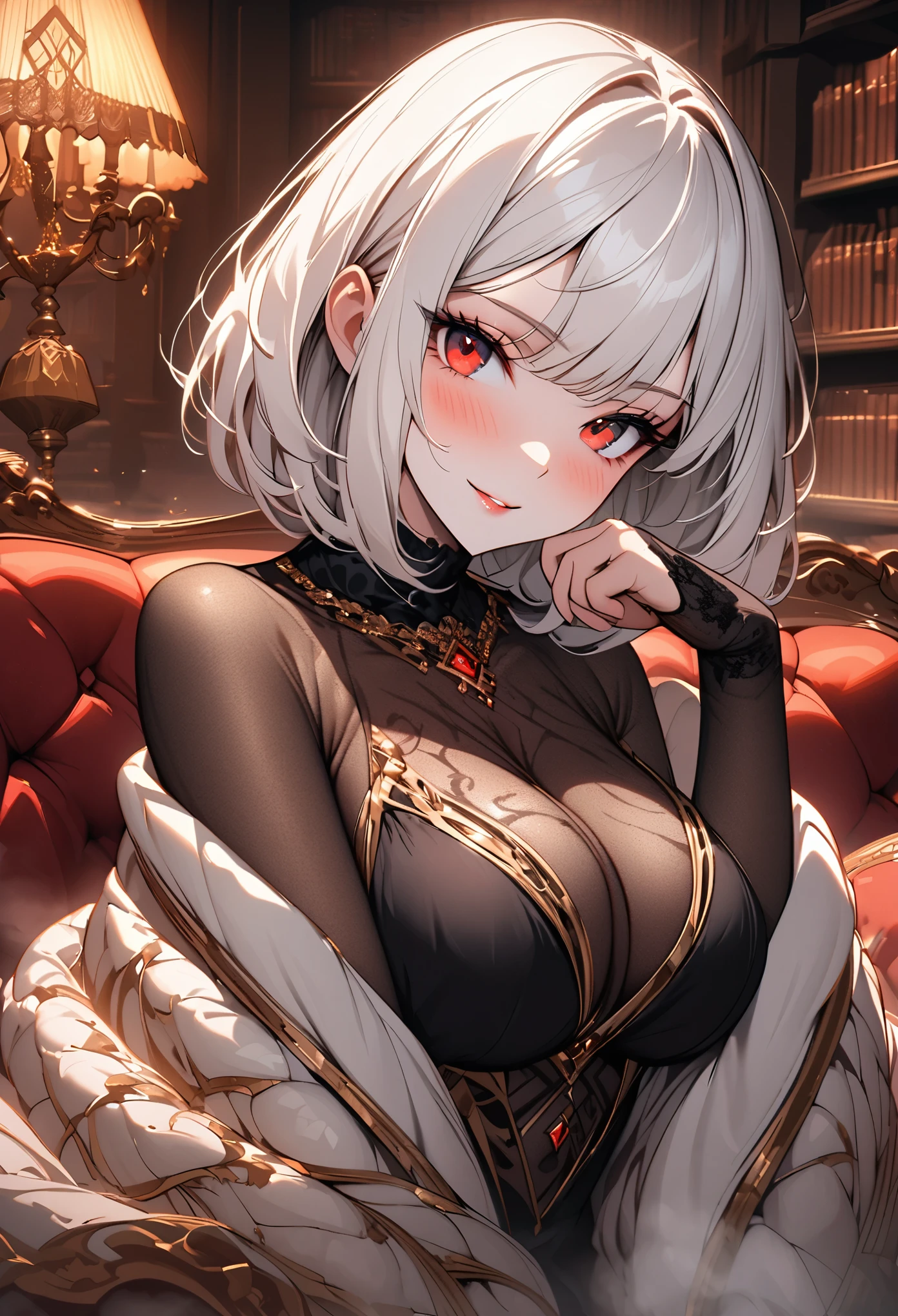 female, solo, close up, white hair, red eyes, mansion, gold, luxury, very large breasts, short straight hair, bob cut hair, library, blush, short, simple luxurious clothes, looking at viewer, curious, shawl, comfy, pinup pose, on couch, loving shy smile, lamp, steaming mug of coffee