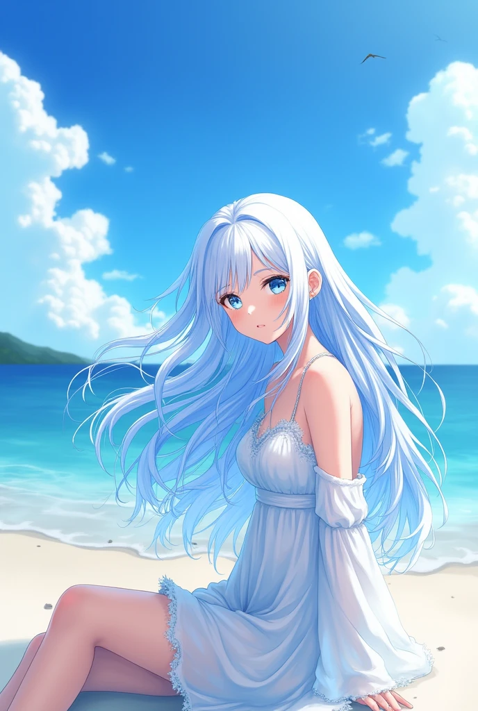 young.long hair anime,white and blue tips on the beach