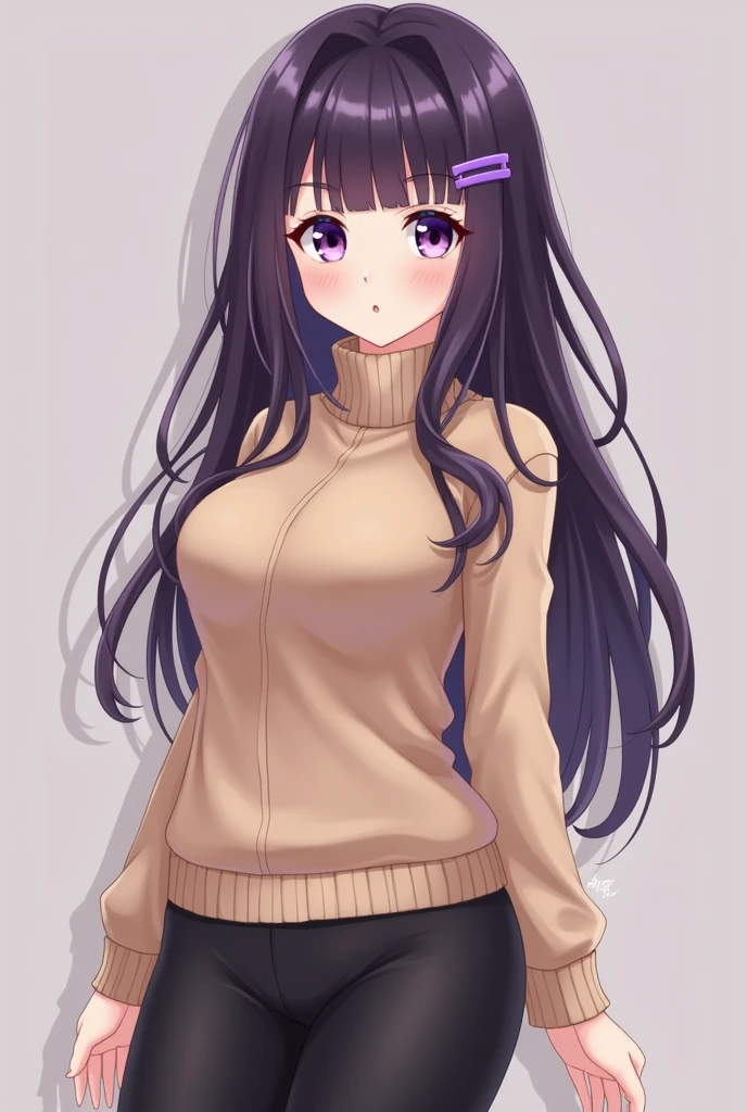 Beautiful 18 year old shy girl with Waist length down dark purple hair with bangs and light purple eyes and wears a purple barrette on the right side of her head, positioned upon her right prominent strand of hair beside her bangs. She is 5'5",wearing a beige long sleeved turtleneck sweater with black leggings big breasts and curvy body.